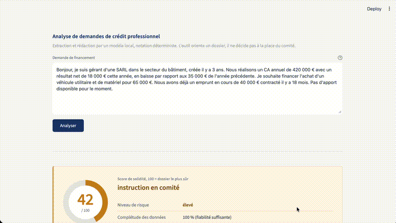 A loan application typed as free text, then the score it returns — 42 out of 100, risk level and completeness — then the extracted figures laid out as editable fields, and the eight weighted criteria behind the result.